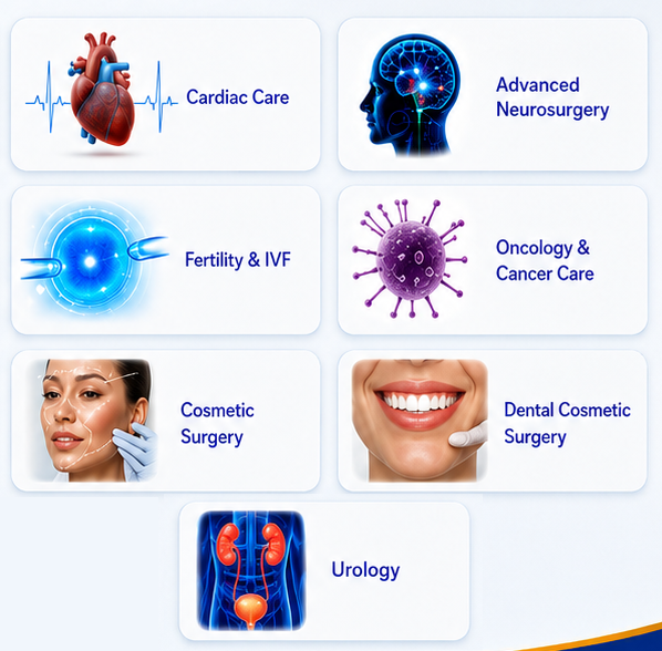 Cardiac Care, IVF & Infertility, Cosmetic Surgery, Urology, Cosmetic Dentistry, Cancer Care